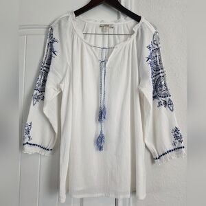 Vintage America White & Blue Embroidery Top Blouse Size Large
